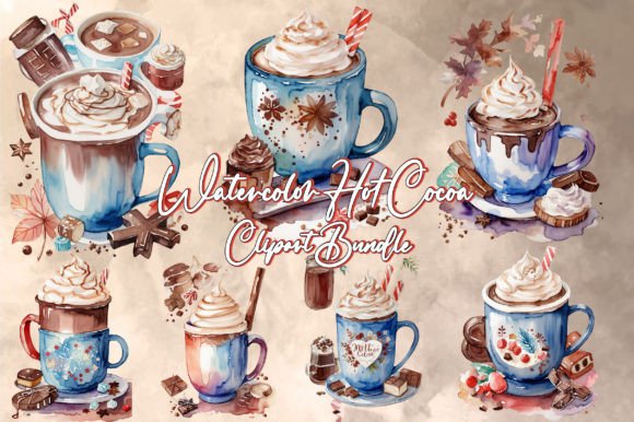 Download Watercolor Hot Cocoa Clipart Bundle - Hot cocoa clipart Collection